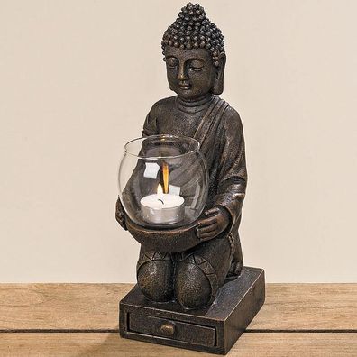 Buddha Windlichthalter Teelichthalter Objekt Aufsteller Teelicht in Bronzeoptik