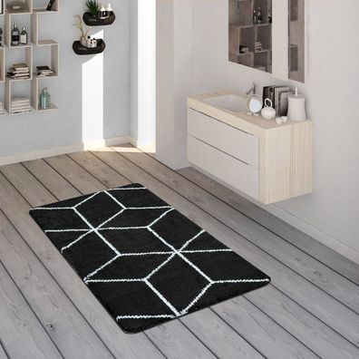 Badematte, Kurzflor-Teppich Für Badezimmer Mit Rauten-Muster In Schwarz Weiß