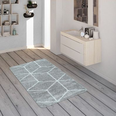 Badematte, Kurzflor-Teppich Für Badezimmer Mit Rauten-Muster In Grau Weiß