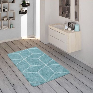 Badematte, Kurzflor-Teppich Für Badezimmer Mit Rauten-Muster In Türkis Weiß