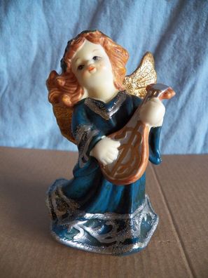 Figur Engel mit Gitarre blaues Kleid Porzellan als Glocke ca. 10,5cm groß