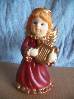 Figur Engel mit Harfe und rotem Kleid Porzellan als Glocke ca. 10,5cm groß