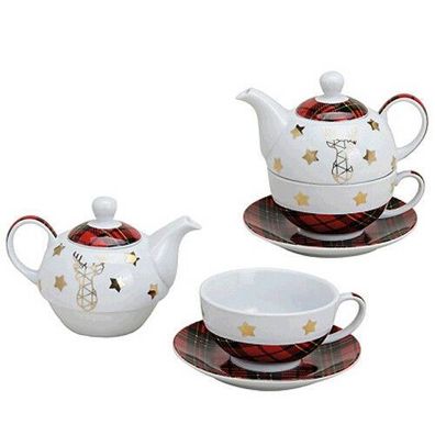 Teekanne Teetasse Unterteller gold rot weiß aus Porzellan Motiv Elch Stern Weihnacht