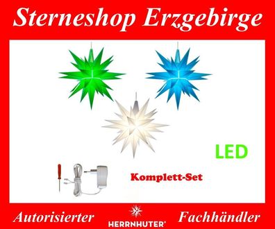 Herrnhuter Stern Set 3 Sterne 13 cm grün, weiß, blau (LED) mit Netzgerät 500 mA