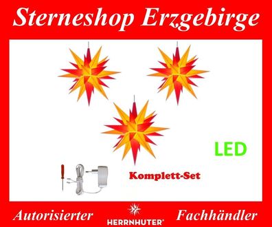 Herrnhuter Stern Set 3 Sterne 13 cm 3 x gelb-rot (LED) mit Netzgerät 500 mA