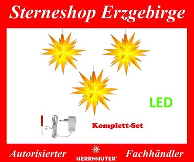 Herrnhuter Stern Set 3 Sterne 13 cm gelb, gelb, gelb (LED) mit Netzgerät 500 mA