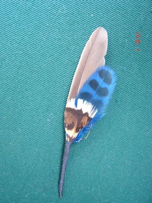 kleine Hutfeder Hutschmuck grau mit blau Feder ca 5cm für Herrenhut Art 24-30