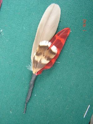 kleine Hutfeder Hutschmuck grau mit rot Feder ca 5cm für Herrenhut Art 24-31