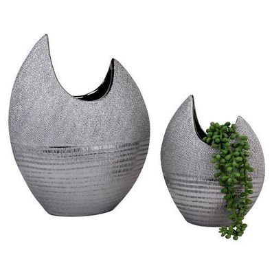 Formano Tisch Vase Rund Silber Streifen Relief glanz 21cm oder 30 cm Deko NEU