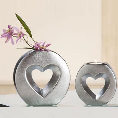 Gilde Keramik Vase oder Teelichthalter Leuchter Fiacca matt silber Herz rund NEU