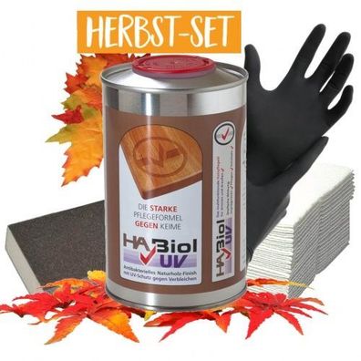 Holzöl HABiol UV 0,5 Liter, Handschuhe, Reinigungstücher, Schleifschwamm