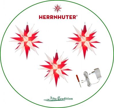 Herrnhuter Stern 3er SET Sterne inkl.3er Netzteil 13 cm Stern weiß - rot LED Komplett