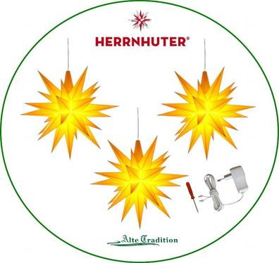 Herrnhuter Stern 3erSET Sterne inkl. Netzteil für 1- 4 Sterne 13 cm gelb LED Komplett