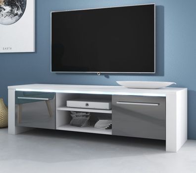 TV-Lowboard TV-Unterteil Hochglanz grau / weiß 140 cm Board Harlem + Beleuchtung
