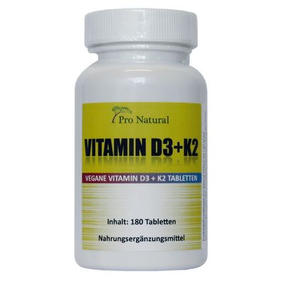 Pro Natural Vitamin D3 + K2 - 180 Tabletten D3 - 5000 i.E + K2 MK7 - 200µg