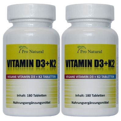 2 x Pro Natural Vitamin D3 + K2 = 360 Tabletten D3 - 5000 i.E + K2 MK7 - 200µg