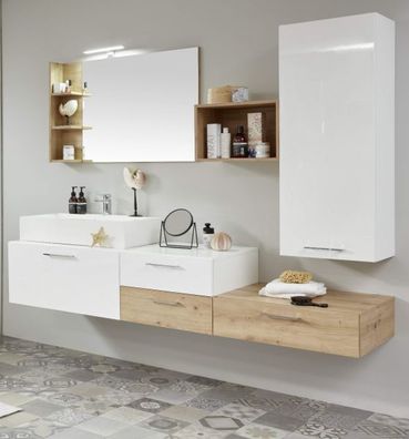 Badmöbel komplett Set mit Waschbecken in weiß Hochglanz Lack Ast Eiche Bad 210 cm ONE
