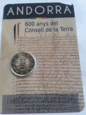 Original 2 euro 2019 Andorra coincard 600. Jahrestag Consell de la terra Erdkreis