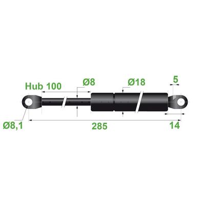 Gasdruckfeder Lift Haubenheber Öse 8,1 Hub=100 Länge 285 Ø 8/18 mm 50 bis 700 Newton