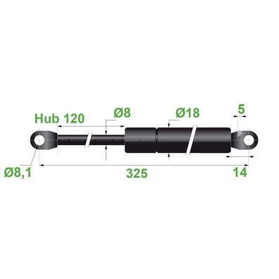 Gasdruckfeder Lift Haubenheber Öse 8,1 Hub=120 Länge 325 Ø 8/18 mm 50 bis 700 Newton