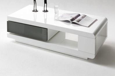 Couchtisch Wohnzimmer Tisch Weiß Hochglanz mit Schublade Ablage grau 120 x 60 cm Idos
