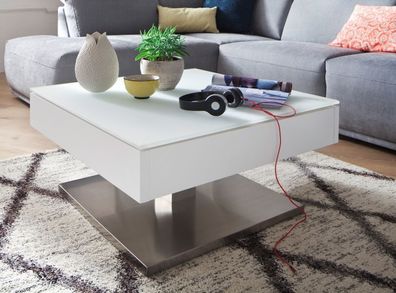 Couchtisch weiß matt Lack Edelstahl Tischplatte drehbar Wohnzimmer Tisch Mariko 75 cm