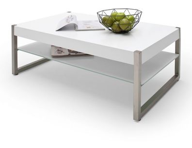 Couchtisch Migel Kufentisch matt weiß lackiert / Edelstahl Wohnzimmertisch Glasboden