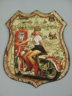 Blechschild, Reklameschild US Route 66 Pin Up Girl, Motorrad Wandschild 50x40 cm