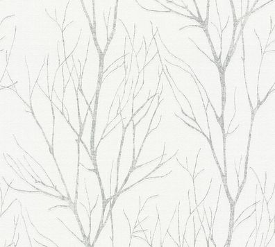 Vliestapete Floral Natur Äste Zweige weiß silber metallic 37260-2