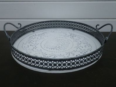 Deko Tablett Romantica rund 37 cm weiß Metallrand grau Shabby Chic Landhaus Stil