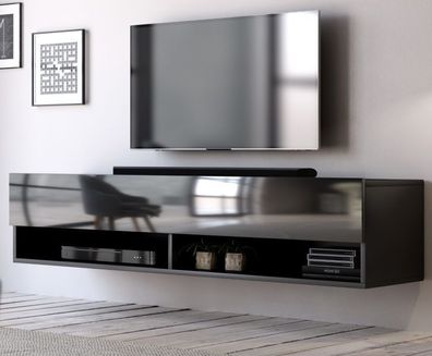 TV-Lowboard Board Epsom Hochglanz schwarz TV-Unterteil hängend Rack 140 x 30 cm