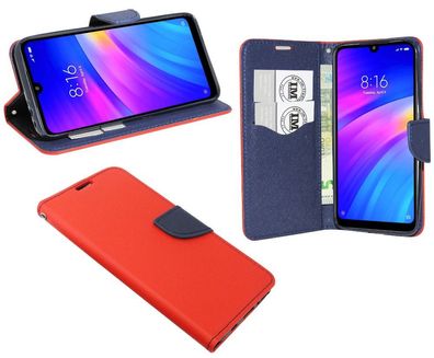 Xiaomi Redmi 7 Tasche Rot-Blau Handyhülle Schutzhülle Flip Case Cover Etui Hülle