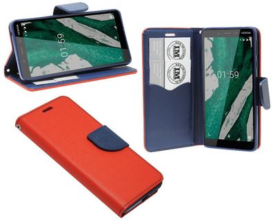 Nokia 1 Plus Tasche Rot-Blau Handyhülle Schutzhülle Flip Case Cover Etui Hülle