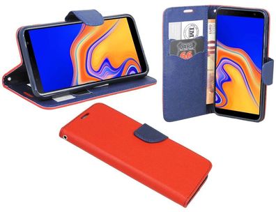 Samsung Galaxy J4+ Tasche Rot-Blau Handyhülle Schutzhülle Flip Case Cover Etui Hülle