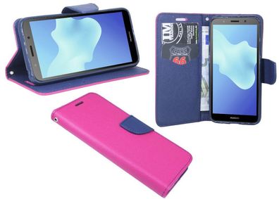 Huawei Y5 2018 Tasche Pink-Blau Handyhülle Schutzhülle Flip Case Cover Etui Hülle