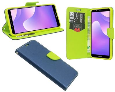 Huawei Y7 2018 Tasche Blau-Grün Handyhülle Schutzhülle Flip Case Cover Etui Hülle