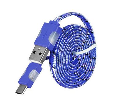 USB Typ C Ladekabel Nylon LED Licht Geflochten Schnelladekabel Flachband Blau