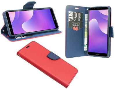 Huawei Y7 2018 Tasche Rot-Blau Handyhülle Schutzhülle Flip Case Cover Etui Hülle