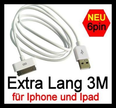 3M Ladekabel Schnellladekabel Datenkabel für Apple Iphone 4 / 4S iPad Extra Lang