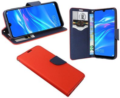 Huawei Y7 2019 Tasche Rot-Blau Handyhülle Schutzhülle Flip Case Cover Etui Hülle