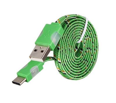 USB Typ C Ladekabel Nylon LED Licht Geflochten Schnelladekabel Flachband Grün