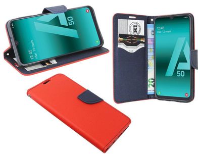 Samsung Galaxy A50 Tasche Rot-Blau Handyhülle Schutzhülle Flip Case Cover Etui Hülle