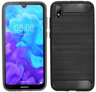 Huawei Y5 2019 Silikon Handyhülle Carbon-Schwarz Schutzhülle TPU Case Cover Hülle