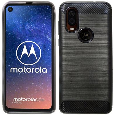 Motorola Moto One Vision Silikon Handy Hülle Carbon-Schwarz Schutzhülle Case Cover
