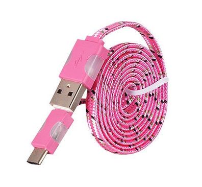 USB Typ C Ladekabel Nylon LED Licht Geflochten Schnelladekabel Flachband Pink