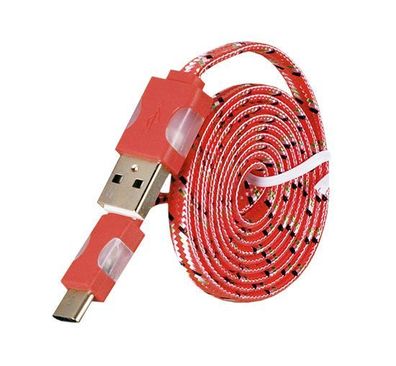 USB Typ C Ladekabel Nylon LED Licht Geflochten Schnelladekabel Flachband Rot
