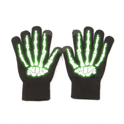 Touchscreen-Handschuhe in Schwarz mit Grüner Skeletthand Glow in the Dark