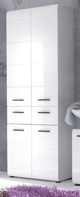 Badschrank Hochschrank weiß Hochglanz Badezimmer Schrank 60 cm 4 Türen Badmöbel Skin