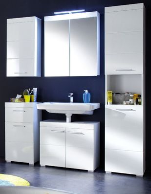 Bad Badezimmer Möbel Set weiß Hochglanz 5-tlg. 165 cm mit Spiegelschrank Amanda