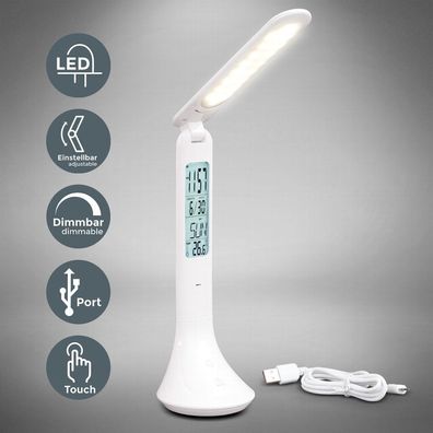 LED Schreibtisch-Leuchte Display Tischlampe Büro Thermometer Touch dimmbar weiß